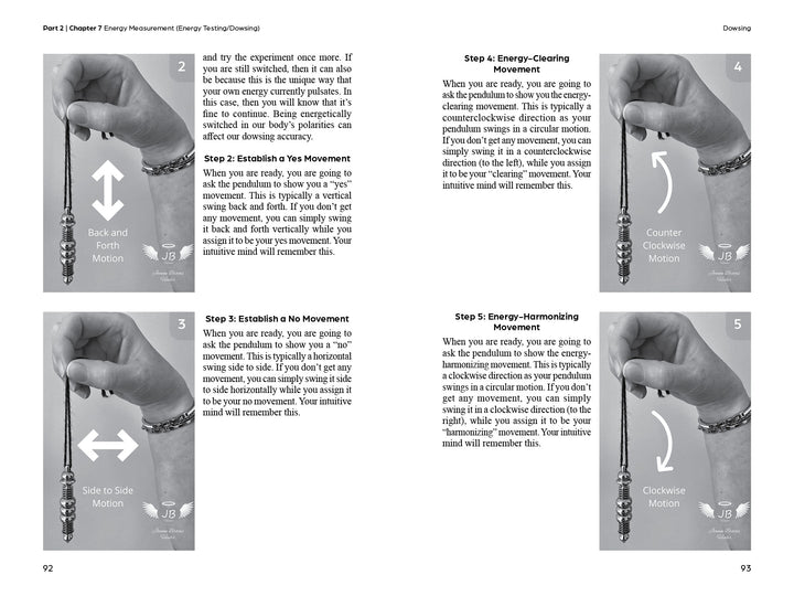 The Clear Spirit guide by Schiffer Publishing, Ltd. features black-and-white visuals of a hand holding a pendulum, demonstrating side-to-side, still, counterclockwise, and clockwise motions with step-by-step energy clearing instructions.