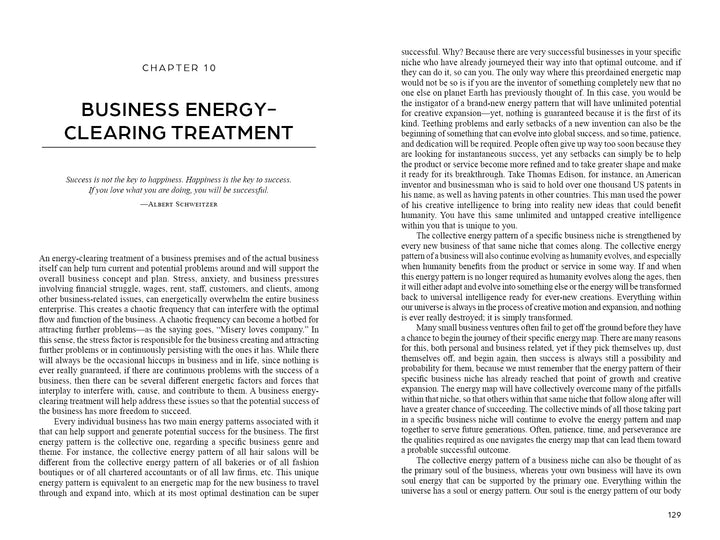 An open book, Clear Spirit by Schiffer Publishing, Ltd., displays a chapter on Business Energy–Clearing Treatment with an Albert Schweitzer quote and tips on using energy clearing to restore harmony and overcome business challenges.