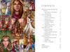 On the right, Enchanting Creativity by Schiffer Publishing, Ltd. shows a table of contents with chapters and pages; on the left, nine vivid fantasy illustrations inspired by fairy tales feature wizards, fairies, royalty, and magical scenes.