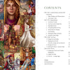 On the right, Enchanting Creativity by Schiffer Publishing, Ltd. shows a table of contents with chapters and pages; on the left, nine vivid fantasy illustrations inspired by fairy tales feature wizards, fairies, royalty, and magical scenes.
