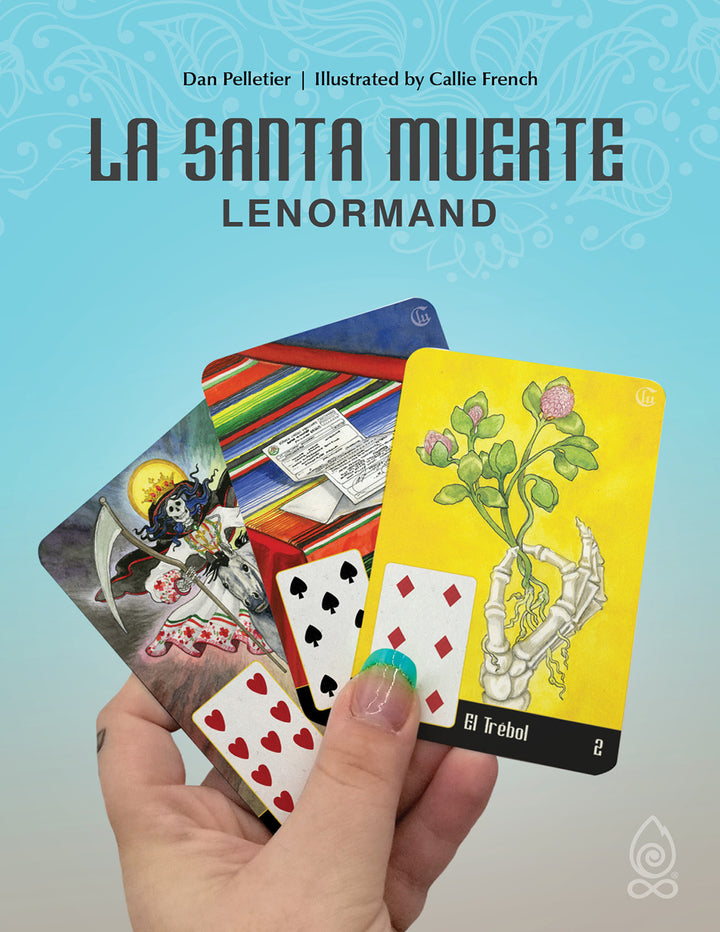 A hand with turquoise nails holds three La Santa Muerte Lenormand cards by Schiffer Publishing, Ltd. against a blue background, showing La Santa Muerte with a scythe, a table of cards, and a skeleton hand holding a clover.