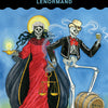 Two skeletons in festive dress stand together, evoking La Santa Muerte. One holds a lantern and scales, while the other stands on a barrel marked AAVE. Smoke swirls around them, echoing scenes from the La Santa Muerte Lenormand by Schiffer Publishing, Ltd.