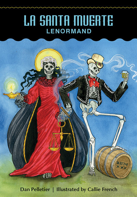 Two skeletons in festive dress stand together, evoking La Santa Muerte. One holds a lantern and scales, while the other stands on a barrel marked AAVE. Smoke swirls around them, echoing scenes from the La Santa Muerte Lenormand by Schiffer Publishing, Ltd.
