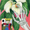 A skeleton hand evokes La Santa Muerte as it touches white calla lilies on a pink background. An inset features the king of spades, suggesting divination. "Los Lirios" and the number 30 are at the bottom. La Santa Muerte Lenormand by Schiffer Publishing, Ltd.
