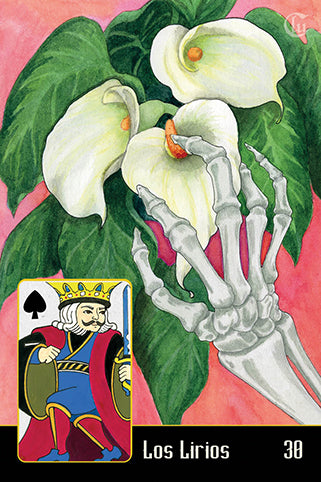 A skeleton hand evokes La Santa Muerte as it touches white calla lilies on a pink background. An inset features the king of spades, suggesting divination. "Los Lirios" and the number 30 are at the bottom. La Santa Muerte Lenormand by Schiffer Publishing, Ltd.