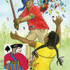 A smiling, blindfolded boy swings at a piñata, scattering candies as a girl in yellow reaches up. Inset: jack of spades card echoes Lenormand style. Text: El Niño, number 13. From La Santa Muerte Lenormand by Schiffer Publishing, Ltd.