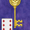 Centered on a purple background, a gold skull-topped key evokes La Santa Muerte. A seven-diamond card appears left, with "La Llave" and number 33 below—capturing the unique style of Schiffer Publishing's La Santa Muerte Lenormand.