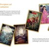 Five ornate cards from Schiffer Publishing’s Lenormand of Enchantment deck are displayed diagonally, each with whimsical illustrations. Guidebook text describes the card meanings and combinations.