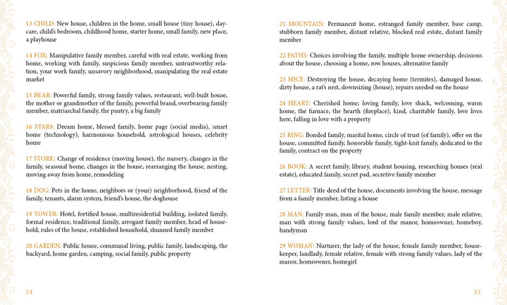 Pages 34–35 of Lenormand of Enchantment by Schiffer Publishing, Ltd. feature a guidebook spread with numbered keywords and descriptions for each card, displayed in columns with orange headings and black text.