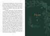 An open book, "Listening to Flowers" by Schiffer Publishing, Ltd., shows text on healing, wisdom, and emotional well-being. The right green page displays "Fear" with a 1 below it, marking the start of a new chapter.