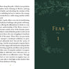 An open book, "Listening to Flowers" by Schiffer Publishing, Ltd., shows text on healing, wisdom, and emotional well-being. The right green page displays "Fear" with a 1 below it, marking the start of a new chapter.