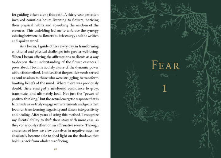 An open book, "Listening to Flowers" by Schiffer Publishing, Ltd., shows text on healing, wisdom, and emotional well-being. The right green page displays "Fear" with a 1 below it, marking the start of a new chapter.