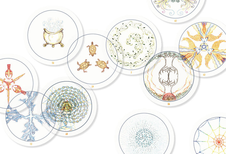 Schiffer Publishing, Ltd.’s Transparent Oracle features see-through, circular cards with intricate, abstract line art of plants, animals, and geometric shapes in vibrant colors. Each numbered card is scattered on a white background for easy reference.