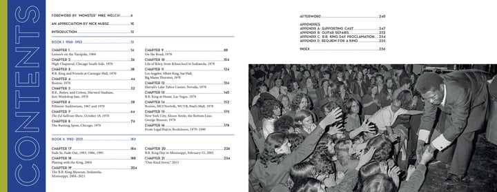 A man in a suit greets fans, echoing the energy of B.B. King's blues. Opposite is the bold blue-and-black table of contents from "B.B. King: From Indianola to Icon" by Schiffer Publishing, Ltd.