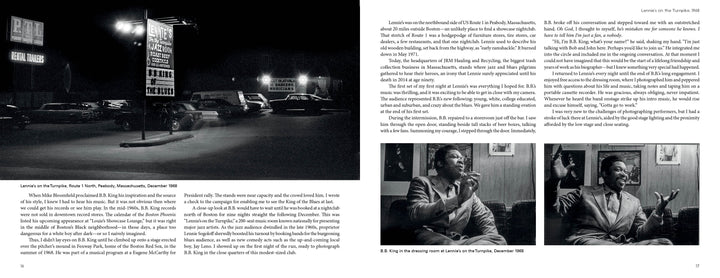 A black-and-white photo of a dimly lit parking lot with vintage cars and an illuminated sign graces "B.B. King: From Indianola to Icon" by Schiffer Publishing, Ltd.; two smaller photos show a man indoors, with text filling the bottom pages.
