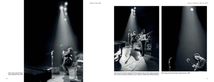 Black-and-white photos in "B.B. King: From Indianola to Icon" by Schiffer Publishing, Ltd. capture B.B. King performing on stage at the Fillmore East in NYC in 1970, with his band and instruments under the spotlights.