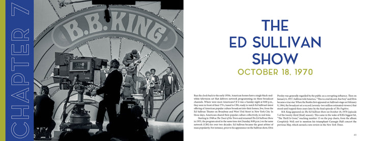 Black-and-white photo of blues legend B.B. King performing on The Ed Sullivan Show stage with “B.B. KING” sign behind him, filmed by TV cameras, October 18, 1970. From "B.B. King: From Indianola to Icon" by Schiffer Publishing, Ltd.