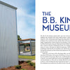 A corrugated metal building displays a large B.B. King Museum sign. Text introduces Chapter 19 of "B.B. King: From Indianola to Icon" (Schiffer Publishing, Ltd.), covering the museum’s tribute from 2004–2021 in Indianola, Mississippi.