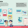 Two children sit on the floor, smiling, in a colorful room decorated with animal art and science posters. Nearby, a dresser holds a globe, books, and "Evolutions" by Schiffer Publishing, Ltd., an illustrated evolution book for kids.