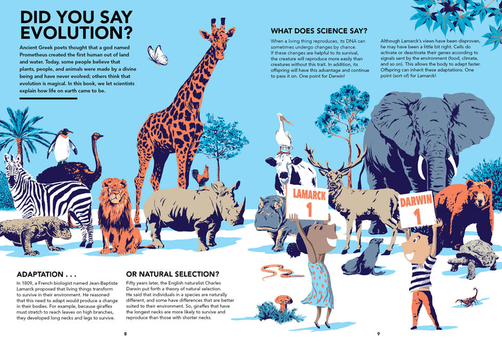 A vibrant illustration of animals and kids holding "Evolutions" signs, with text on adaptation and natural selection—ideal for teaching evolution and life’s history. From Schiffer Publishing, Ltd.