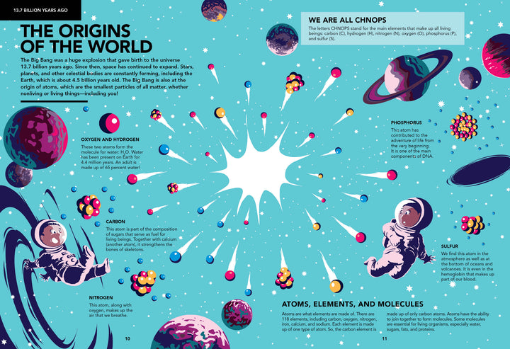 Evolutions by Schiffer Publishing, Ltd. features a Big Bang illustration with astronauts, atoms, and molecules in space. Text boxes explain how elements formed—ideal for illustrated evolution books or a fun intro to life’s history.