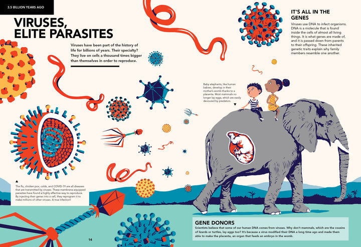 Illustration for Evolutions by Schiffer Publishing, Ltd.: Two children ride a partly transparent elephant showing an internal virus. Colorful microbes and educational life history facts surround them.