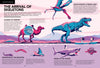 A vibrant spread from "Evolutions" by Schiffer Publishing, Ltd. features prehistoric sea creatures, a giant amphibian, a dinosaur and mammal chase, sharks, and kids by water with fact boxes on the history of life and skeleton evolution.
