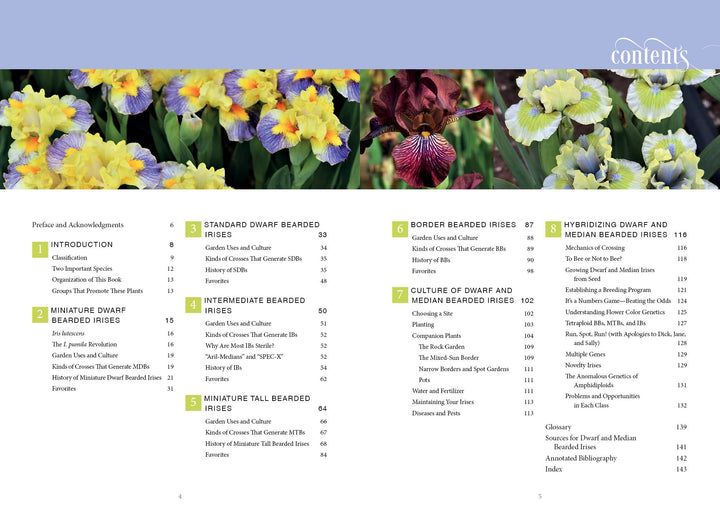 Table of contents pages from "Dwarf and Median Bearded Irises" by Schiffer Publishing, Ltd., with sections on iris cultivation. Background features close-up yellow, purple, and maroon irises with green leaves; text is arranged in columns.