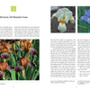 The two-page spread "Dwarf and Median Bearded Irises" by Schiffer Publishing, Ltd. showcases three iris photos and details their features, making it ideal for iris growers and gardeners interested in miniature tall bearded varieties.