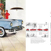 A vintage spread from "Glamour Road" by Schiffer Publishing, Ltd. features a sleek 1950s blue Lincoln in a modern living room with chic furniture, tall windows, and a woman in a red dress standing behind the car.