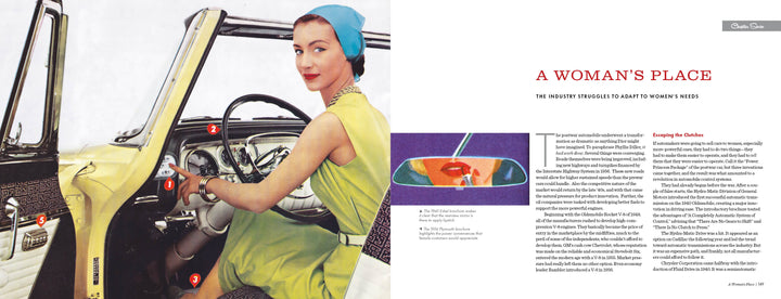 A woman in a green dress and blue headscarf sits in the driver’s seat of a vintage convertible, capturing midcentury style in “Glamour Road” by Schiffer Publishing, Ltd.