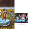 The "Glamour Road" book by Schiffer Publishing, Ltd. features a vintage blue car in a field of yellow flowers, with three people nearby—one holding colorful cubes—and a blurred flag waving in the background, alongside an article and inset photo.