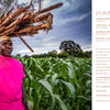 A smiling woman in a pink shirt carries firewood on her head through green cornfields beneath a dramatic sky. At right, a tidy table of contents appears. Inspired by Alison Wright photography. Product: Grit and Grace by Schiffer Publishing, Ltd.