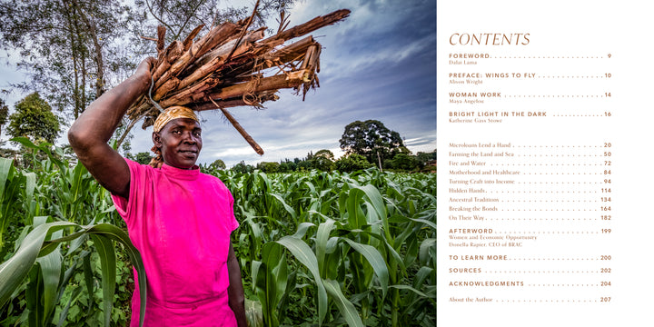 A smiling woman in a pink shirt carries firewood on her head through green cornfields beneath a dramatic sky. At right, a tidy table of contents appears. Inspired by Alison Wright photography. Product: Grit and Grace by Schiffer Publishing, Ltd.