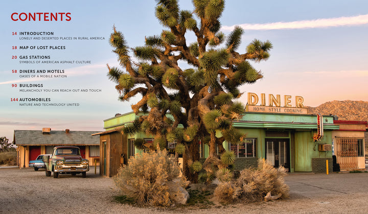 Lost Places by Schiffer Publishing, Ltd. features a vintage diner with a neon sign, an old car outside, and a large Joshua tree in a desert scene. The table of contents appears in red and blue text on the left.
