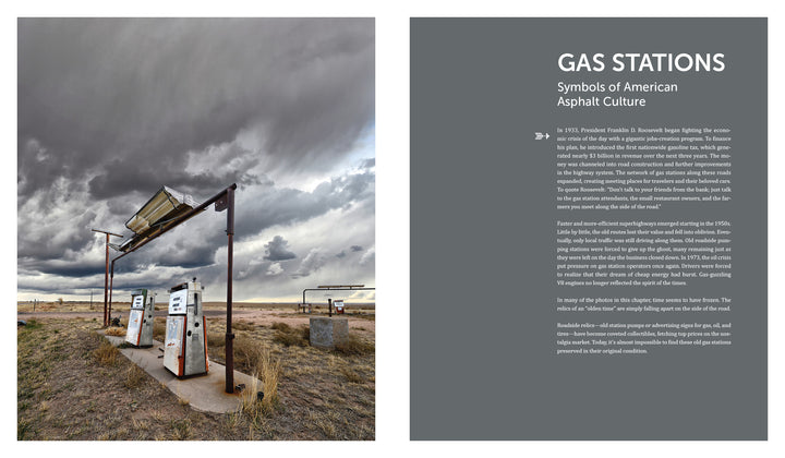 On the left, three rusting gas pumps stand in a barren field under a dramatic sky—an evocative scene from Heribert Niehues's Lost Places by Schiffer Publishing, Ltd. On the right, a gray text panel titled Gas Stations: Symbols of American Asphalt Culture.