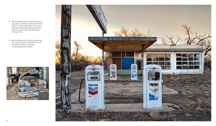An abandoned gas station with peeling white paint, old Chevron pumps, and a rusty vintage car evokes ghost towns and the haunting beauty of America, as captured in Lost Places by Schiffer Publishing, Ltd.