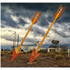Two large, weathered arrows in overgrown grass beside abandoned buildings under cloudy skies evoke the haunting beauty of America’s ghost towns as seen in Lost Places by Schiffer Publishing, Ltd.