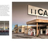A weathered, abandoned cafe stands by old gas pumps—an evocative scene from Lost Places by Schiffer Publishing, Ltd., featuring Heribert Niehues’s photography. An inset image reveals the cafe’s empty, retro-style interior.