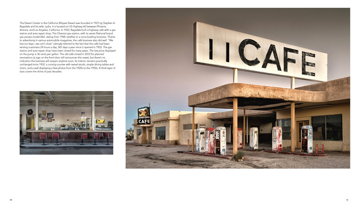 A weathered, abandoned cafe stands by old gas pumps—an evocative scene from Lost Places by Schiffer Publishing, Ltd., featuring Heribert Niehues’s photography. An inset image reveals the cafe’s empty, retro-style interior.
