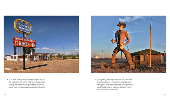Left: A vintage DRIVE-INN sign and abandoned building evoke forgotten America. Right: A giant cowboy statue stands by a house with windmill. From Lost Places by Schiffer Publishing, Ltd.