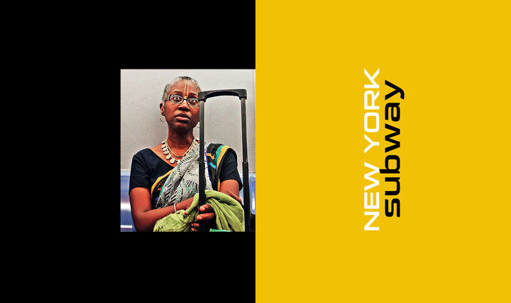 A woman in a sari sits on a New York subway with a suitcase and green bag. The image, from Schiffer Publishing, Ltd.'s "METRO / New York / London / Paris," features a split black-yellow background and the text NEW YORK subway.