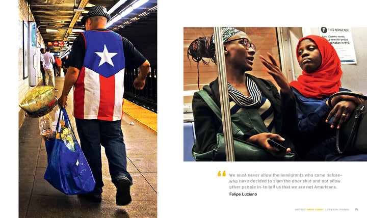 A man in a striped shirt and a woman in a subway capture the urban human experience in "METRO / New York / London / Paris" by Schiffer Publishing, Ltd.