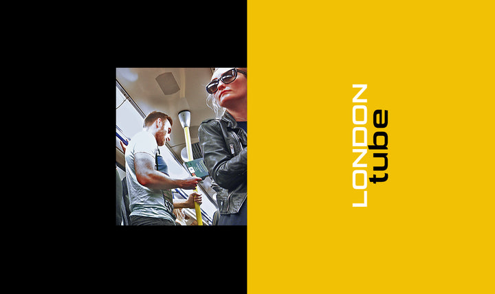 A man and woman ride the London Tube—left: inside a subway car; right: yellow panel with "LONDON tube" text. METRO / New York / London / Paris by Schiffer Publishing, Ltd. captures subway life and urban moments in major cities.