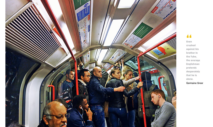 A photo from METRO / New York / London / Paris by Schiffer Publishing, Ltd. shows a crowded London Tube train with passengers, some standing and holding red poles, others sitting—many appear tired. A loneliness quote appears on the image's right side.
