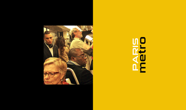 Photo of diverse passengers in a crowded Paris Metro train, set against a split black and yellow background with “PARIS metro” text. Featured in "METRO / New York / London / Paris" by Schiffer Publishing, Ltd.