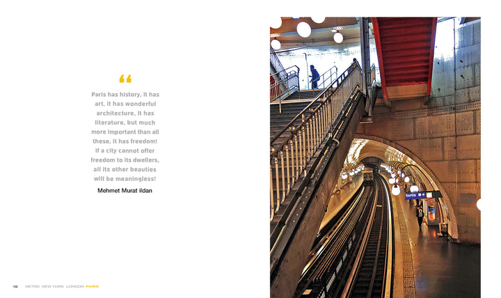 METRO / New York / London / Paris by Schiffer Publishing, Ltd. captures a modern Paris metro station—curved ceilings, round lights, escalator, and waiting train—highlighting urban life in a bright architectural space.