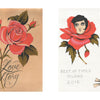 Two neoclassical tattoo flash designs from Schiffer Publishing, Ltd.: red roses with banners “Aflor Blue Jeans,” “Love Mary,” “1972”; and a woman’s head, rose, skull, dagger, and banners “Stizzo,” “Best of Times Milano 2016.”.