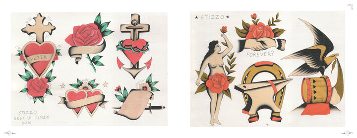 Neoclassical Tattoo Flash by Schiffer Publishing, Ltd. showcases classic tattoo art—hearts, roses, anchors, stars, and more—on a textured cream background. Ideal for fans of traditional and vintage flash tattoo designs.