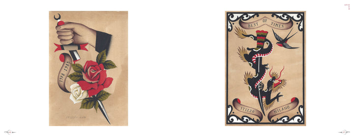 Neoclassical Tattoo Flash by Schiffer Publishing, Ltd. features vintage designs: a hand with a dagger through roses and ribbon dated 1998–2023, plus a dragon with swallows and banners reading Best of Times, Suzzo, and Milano.
